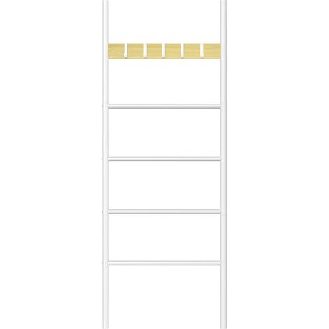 Porte-Serviettes sur Pied, Étagère Échelle, 5 Amovibles Crochets, 60 x 2 x 177 cm, pour Serviette, Couverture, Vêtement, Style Industriel, Gain de Place, Blanc et Couleur Bois (1/5)