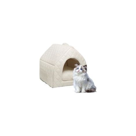 Niche pour chat - 40 x 40 x 40 cm - Maison d'intérieur avec coussin amovible - Pliable 2 en 1 - Lit pour chat domestique - Lavable - Pour animaux de compagnie de petite et moyenne taille - Crème