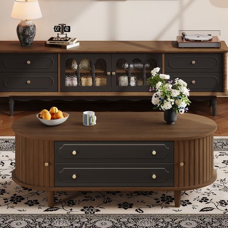 Table basse de salon 100x50x36 cm, bois noyer, avec 2 tiroirs et porte coulissante, table d'appoint à 4 pieds, finition noyer et noir. (1/5)