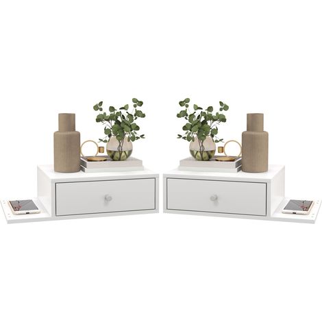 Lot de 2 tables de chevet murales - lot de 2 tables de nuit - étagère latérale et tiroir - 55l x 30P x 15H cm MDF blanc