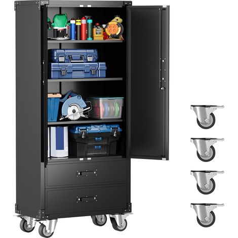 Armoire de rangement en métal robuste pour garage/atelier – 71''/72'', 3 étagères réglables, tiroirs, portes verrouillables, roulettes verrouillables – Montage facile – Noir (1/5)