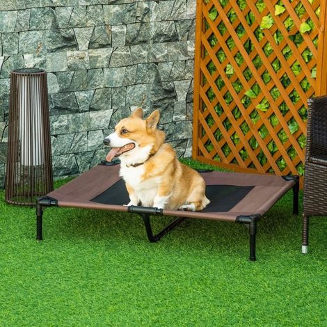 Lit surélevé rafraîchissant pour grand chien, cadre métallique robuste, maille respirante, couchage extérieur jardin, 92x76x18 cm, marron café. (1/4)