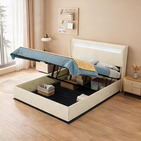 Tête de lit beige en tissu métal 210 x 140 x 133 cm (1/5)