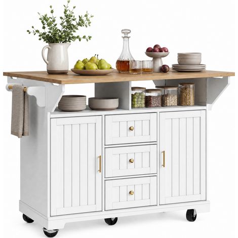 Îlot de cuisine avec roulettes, plateau rabattable des deux côtés, 2 portes, 3 tiroirs, rangement pratique, blanc et aspect bois, idéal pour petits espaces – CHICFURN (1/5)