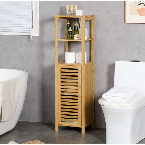 Badmöbel Hochschrank aus Bambus natur, natürlicher Stil, 1 Tür, 2 offene Fächer, verstellbare Böden, 32,9 x 29,9 x 120 cm (1/5)