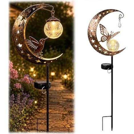 Hummingbird Moon Solar Garden Stake Light, Half Moon Solar Hummingbird Lights Outdoor for Patio Yard Pathway Decorative Metal Bird Crackle Glass Globe Lamp Ornament Gift Idea (B) (1/5)
