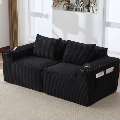 Canapé modulaire 188x90x75 cm noir en velours côtelé avec porte-gobelets et poches latérales (1/5)