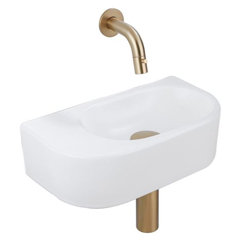 QeramiQ Fuente Ensemble de Lavabo - 40x21.5x12cm - lisse - demi-rond - céramique - ensemble de robinet en laiton brossé - bouchon de vidange - siphon