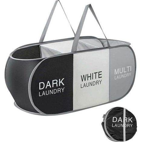 Ce panier à linge pliable à trois compartiments offre une grande capacité de 99 litres et est conçu pour ranger vêtements, jouets, produits de lessive, articles de salle de bain et articles de voyage