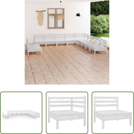 vidaXL Salon de jardin - Salon de jardin 11 pcs Bois de pin massif Blanc (1/5)