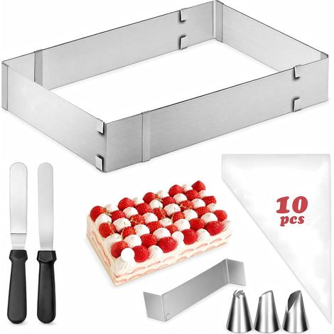 Extendable Rectangular Patisserie Frame, Stainless Steel Patisserie Frame, Rectangular Baking Mould with 2 Spatula (1/5)
