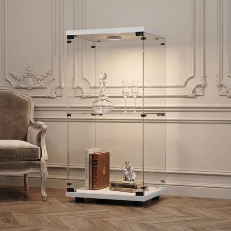 Vetrina in vetro a 2 livelli 40x36x86 cm, mobile espositore con illuminazione LED e serratura, in vetro temperato, stile moderno, bianco