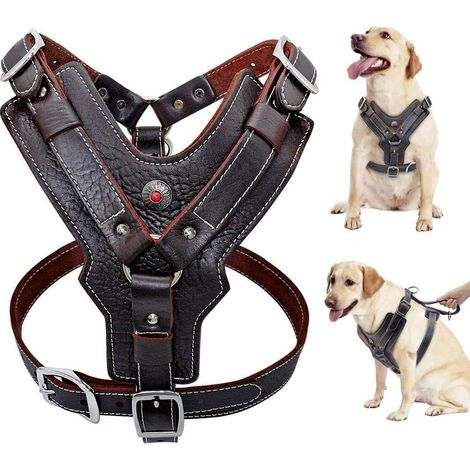 BRAVIX Harnais pour chien en cuir véritable durable réglable pour grands chiens Contrôle rapide avec poignée Accessoires pour animaux domestiques pour labrador K9 (L) (1/5)