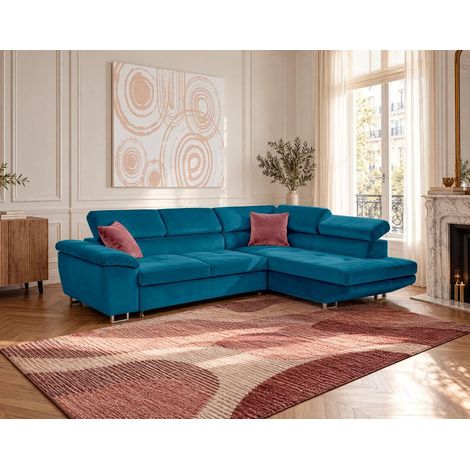 Dimas - canapé d'angle droit 5 places - convertible avec coffre et têtières réglables - en velours - bleu