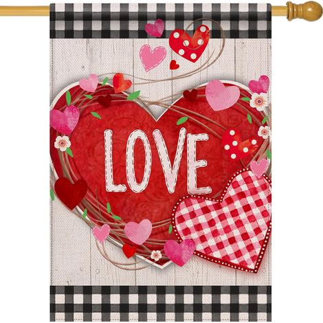 Drape Décoratif Extérieur - Drapeau Amour Maison - Motif Cœurs et Carreaux Buffalo Rouge Rose - Toile de Jute Double Face - 28 x 40 Pouces (1/5)