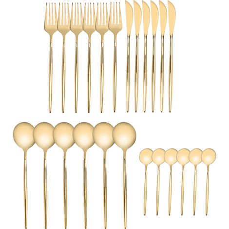 Ensemble de 24 couverts dorés en acier inoxydable antirouille, comprenant couteau, fourchette et cuillère, idéal pour les fêtes, mariages et banquets à la maison. (1/5)