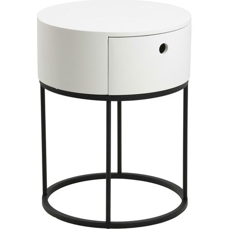 Mesita de noche redonda blanca Polo con cajón y base metálica. (1/5)