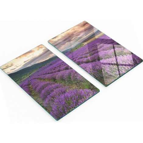 Juego de dos tablas de cocina decorativas de cristal con diseño de campo de lavanda, 2x30x52 cm. (1/5)