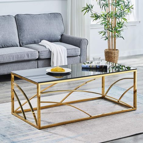 AINPECCA Stainless Steel Rectangular Glass Coffee Table Tea Table for Living Room- 120CM Modern Sleek Accent Center Table Lounge Table with Black Grey Tempered Glass(Gold) (1/5)