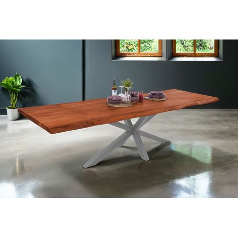 Esstisch Baumkante Akazie nuss 160 (260) x 90 cm Spider-Gestell silber mit Ansteckplatten CALI (1/5)