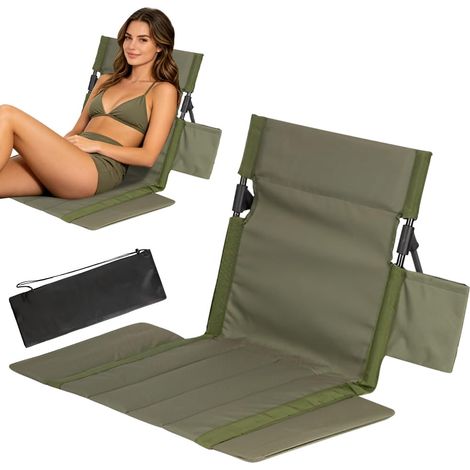 Chaise de sol avec support dorsal, chaise de plage avec dossier, coussin d'assise avec sac de transport, coussin de chaise pliante, chaise de sol pliable pour pique-nique, trekking, pêche et (1/4)