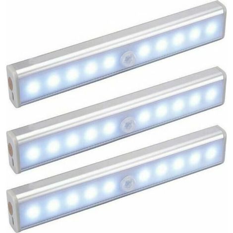 Lot de 3 Lampes 10 LED, Sans Fil, Rechargeable par USB, Aimanté, Détecteur de Mouvement, Portable. Lumière de Placard, Baladeuse de Secours, Veilleuse Enfant, Appoint (1/5)
