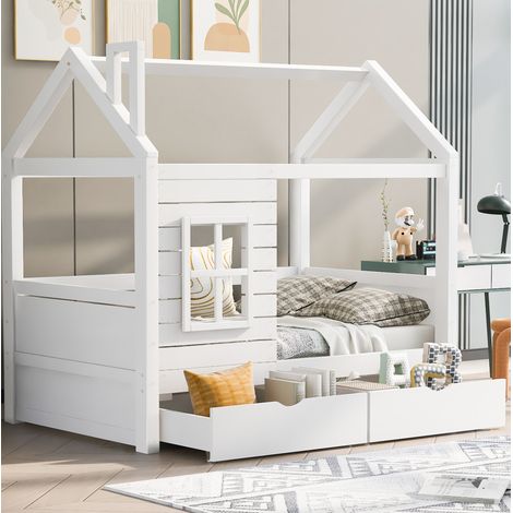 Cama casita infantil 80x160 cm de pino macizo blanco con ventanas, barrera anticaída, somier de láminas y 2 cajones (1/5)