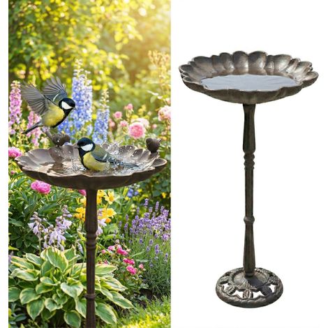 Relaxdays bird bath, HxD 52 x 31.5 cm, cast iron, antique, freestanding, food & water bowl, flower-shaped, brown