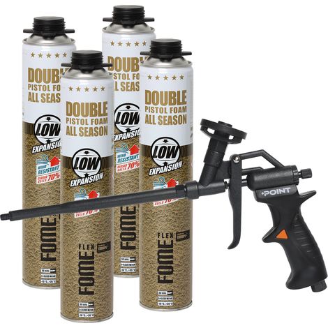 Lot de 4 mousses polyuréthane de montage FOME FLEX Double 750 ml + pistolet à mousse POINT BLACK professionnel (1/5)
