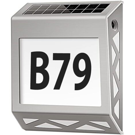 Numéro de maison illuminé solaire 8 LED en acier inoxydable blanc avec chiffres 0-9 et lettres A-E