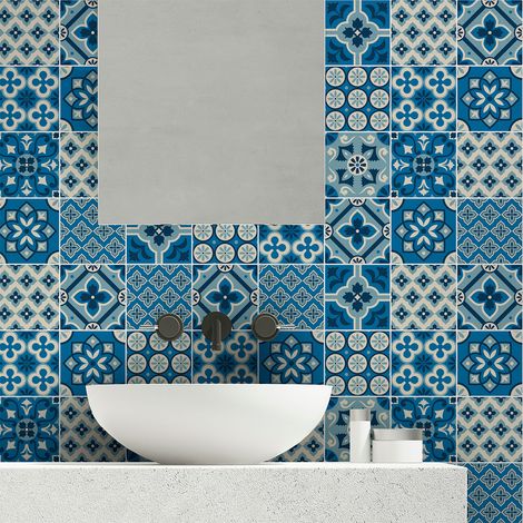 Sticker Mural Carrelage adhésif Cuisine Salle de Bain - 24 STICKERS CARREAUX DE CIMENT AZULEJOS SILVIA - 24stickers10x10cm (1/5)