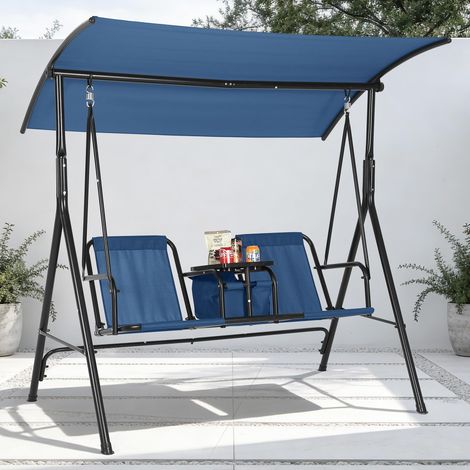 Balancelle 2 places, Toile ajustable, dossier inclinable, tablette pivotante, porte-gobelets et sac isotherme inclus, Bleu (1/5)
