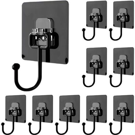 10 Crochets Mural Adhésifs Noirs 35kg, Crochet Autocollant Sans Percer pour Salle de Bain, Cuisine, Plafond (1/5)