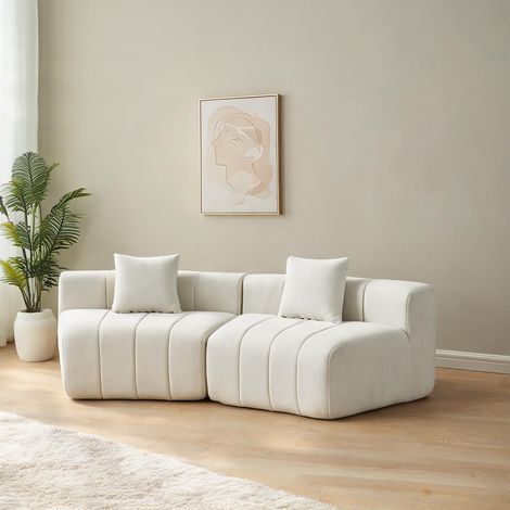 Sofa modulaire incurvé beige en velours côtelé deux coussins (1/5)
