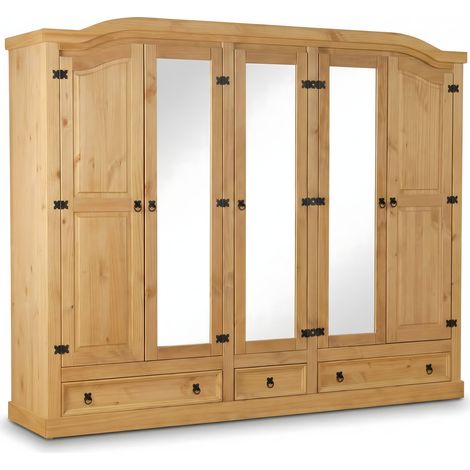New Mexico Armoire 5 portes avec 3 portes miroirs, 2 portes lambrissées et 3 tiroirs, délavés, cirés.