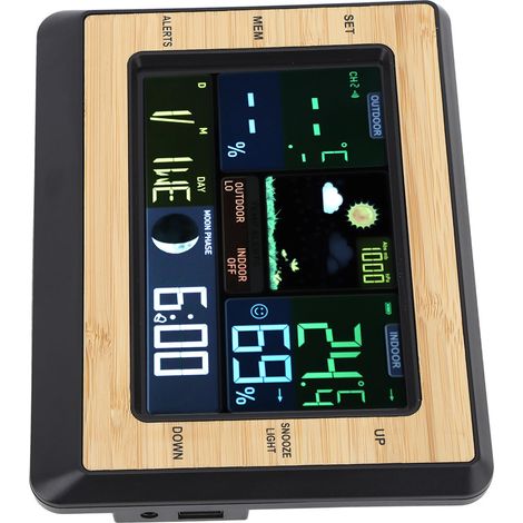 Station météo avec horloge, sans fil, affichage couleur, thermomètre, capteur de température et d'humidité, alarme (1/5)