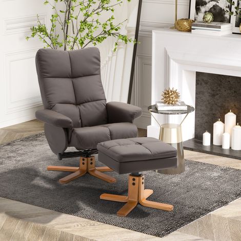 Sillón reclinable con reposapiés, sillón giratorio de 360° para TV con función reclinable, silla de lectura para dormitorio o sala de estar, piel sintética, color marrón.