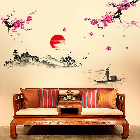 1 autocollant mural amovible de style japonais représentant un paysage de pêcheur dans une rivière, avec des éclaboussures d'encre, pour la décoration intérieure. (1/4)