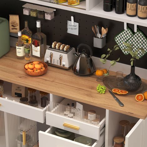 Meuble de rangement haut blanc (145x39x171 cm) pour salon, cuisine ou salle à manger, armoire avec spots LED intégrés et étagères ajourées, colonne de stockage élégante. (1/5)