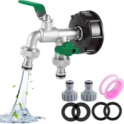 Robinet Cuve 1000L S60X6 IBC Raccord Robinet avec raccord de tuyau Robine double sortie 1/2"+3/4"Adaptateur de Réservoir en Alliage d'aluminium Robinet de Jardin avec Adaptateur en Plastique(vert) (1/5)