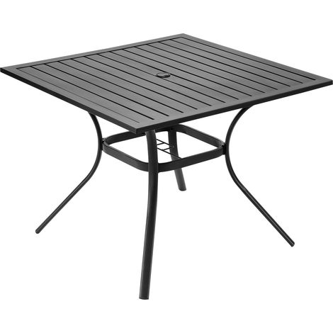 Quadratischer Gartentisch aus Stahl (94 cm) mit 38-mm-Sonnenschirmlöchern, wetterfest, für Rasen, Garten und Veranda, schwarz (1/5)