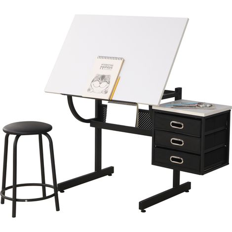 Mesa de dibujo regulable 90 x 60 cm en blanco con taburete y 3 cajones MODENUIT (1/5)