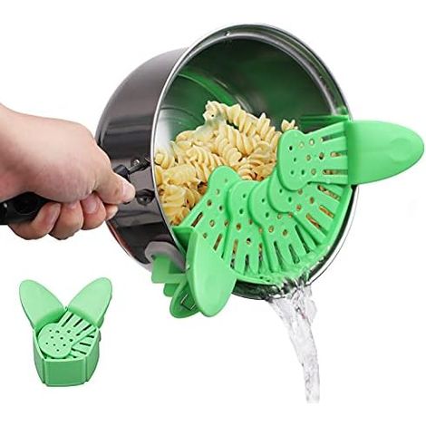 Filtre à pâtes de cuisine, passoire résistante à la chaleur et durable, filtre à pâtes mains libres, filtre à pâtes à clipser (1 pièce verte) (1/3)