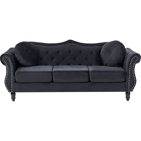 Sofa Black Velvet 3 Seater Nailhead Trim Button Tufted Throw Pillows Rolled Arms Glam SKIEN (1/5)