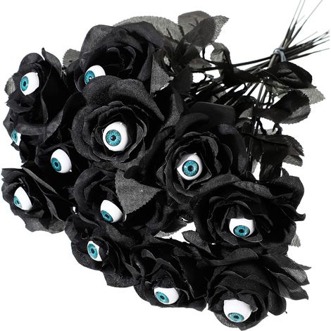 12 Roses Noires Halloween avec Globes Oculaires Fleurs Noires avec Tige Rose Artificielle (1/5)