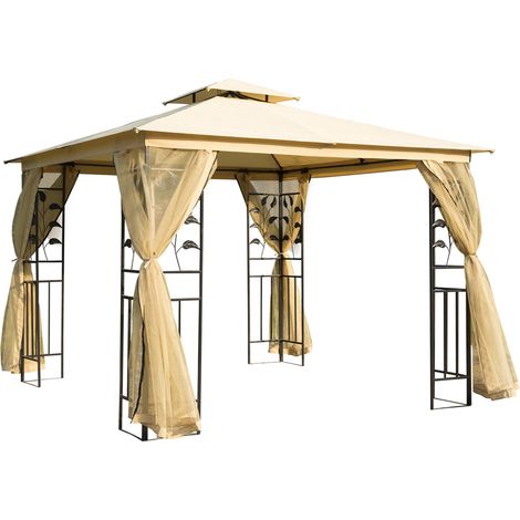 Gazebo da Giardino 3x3m con Zanzariera, Telaio in Acciaio e Doppio Tettuccio, Beige, adapté pour l'extérieur
