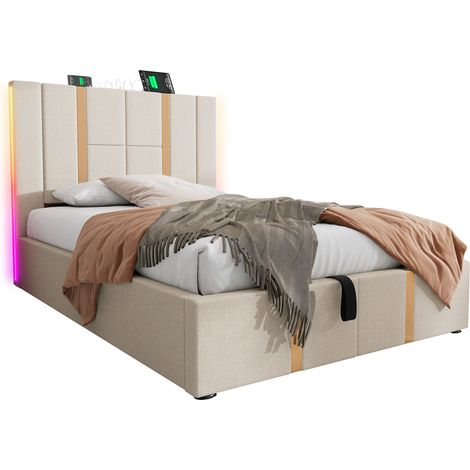 Lit simple 90x200 avec coffre, LED RGB contrôlée par appli, USB et Type-C, tête de lit capitonnée en tissu beige, sommier à lattes inclus – CHICFURN (1/5)
