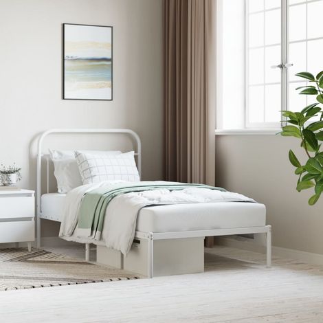 Lit adulte-100 x 190 cm, Cadre de lit métal avec tête de lit, Lit Simple, Structure de lit blanc PDKEI32352 (1/5)