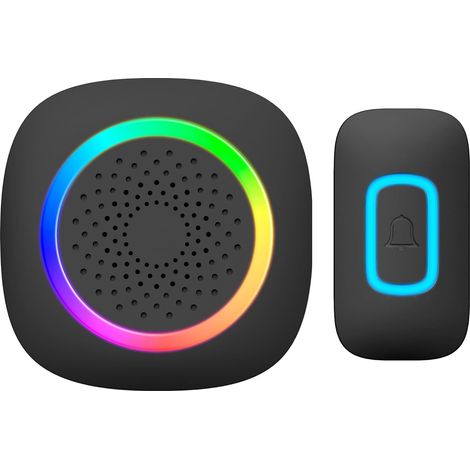Sonnette sans fil, sonnette noire avec 60 sonneries, LED RGB, 3 modes de signalisation, portée de 300 m - Sonnette pour la maison et le bureau (à piles) (1/5)