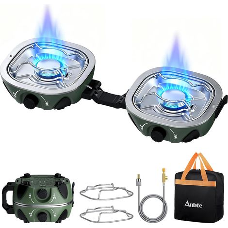 Réchaud Gaz Pliable Double Brûleur Vert 20000 BTU Léger Compact, Allumage Piézo, Compatible Isobutane, Sac de Rangement, Adapté Camping Voiture, Caravane et Randonnée (1/5)